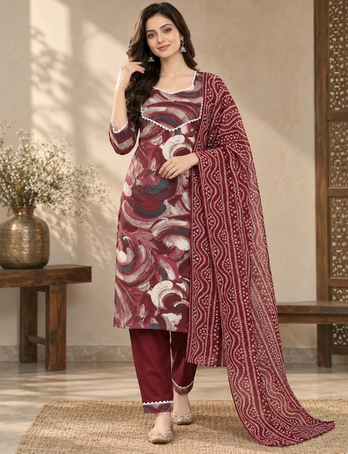 Printed Cotton Salwar Suit Set with Lace & Kota Doriya Dupatta