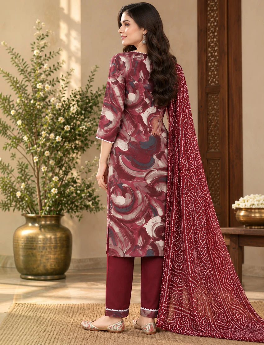 Printed Cotton Salwar Suit Set with Lace & Kota Doriya Dupatta