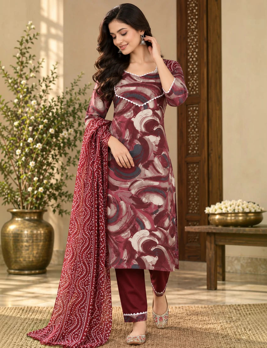 Printed Cotton Salwar Suit Set with Lace & Kota Doriya Dupatta