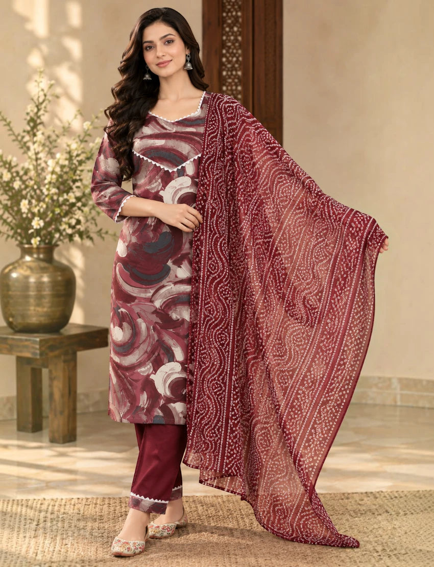 Printed Cotton Salwar Suit Set with Lace & Kota Doriya Dupatta