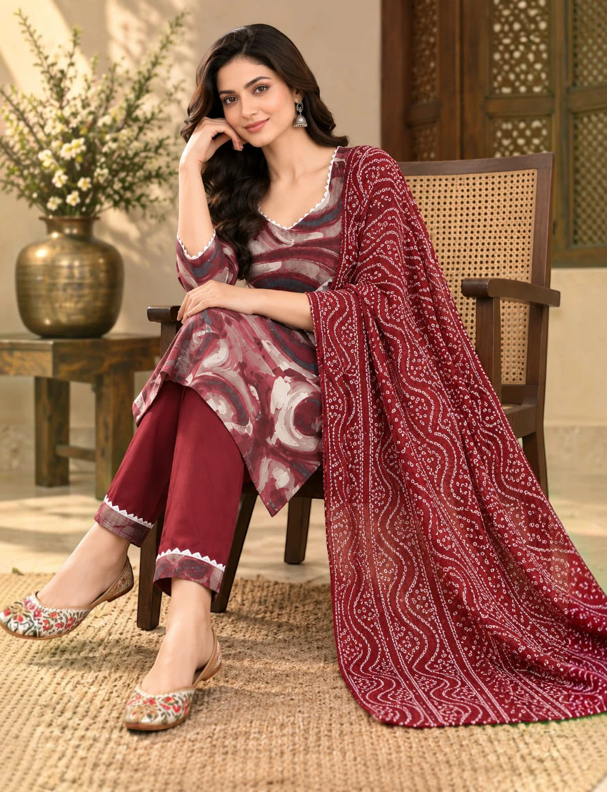 Printed Cotton Salwar Suit Set with Lace & Kota Doriya Dupatta