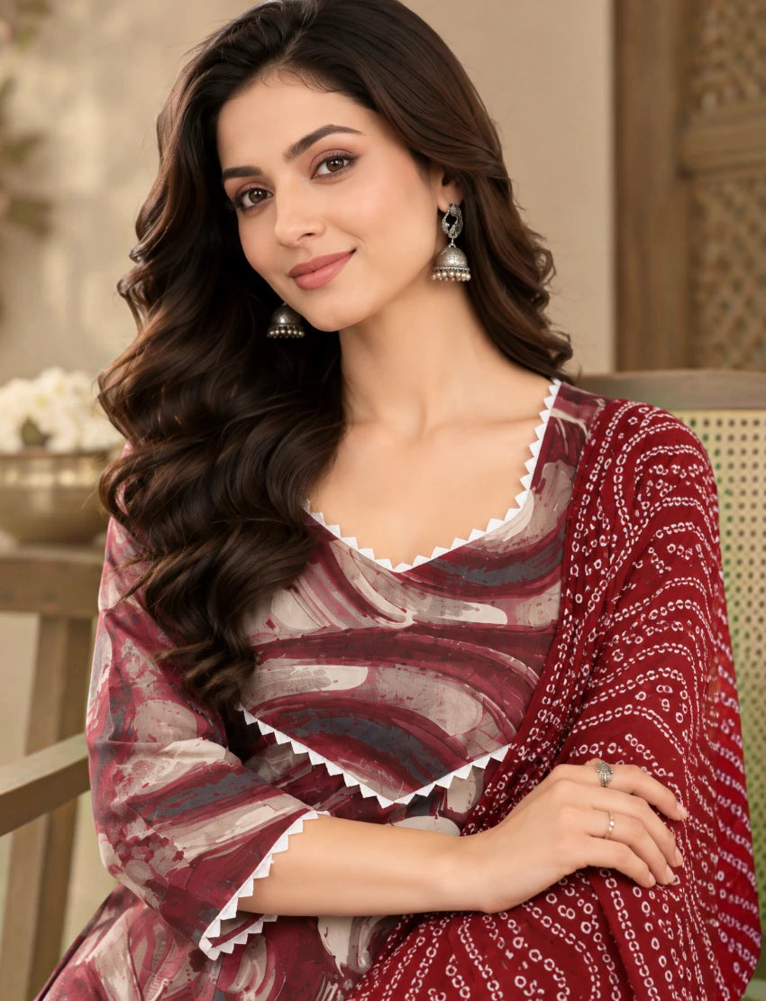 Printed Cotton Salwar Suit Set with Lace & Kota Doriya Dupatta