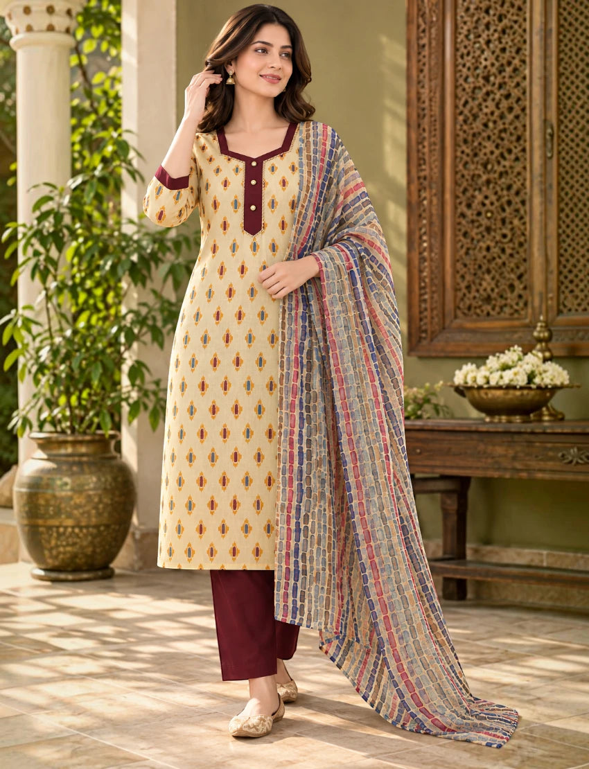 Cotton Kurta Set with Kota Doriya Dupatta Beige