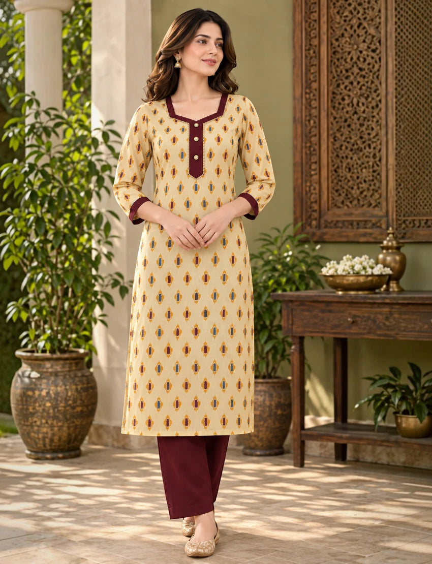 Cotton Kurta Set with Kota Doriya Dupatta Beige