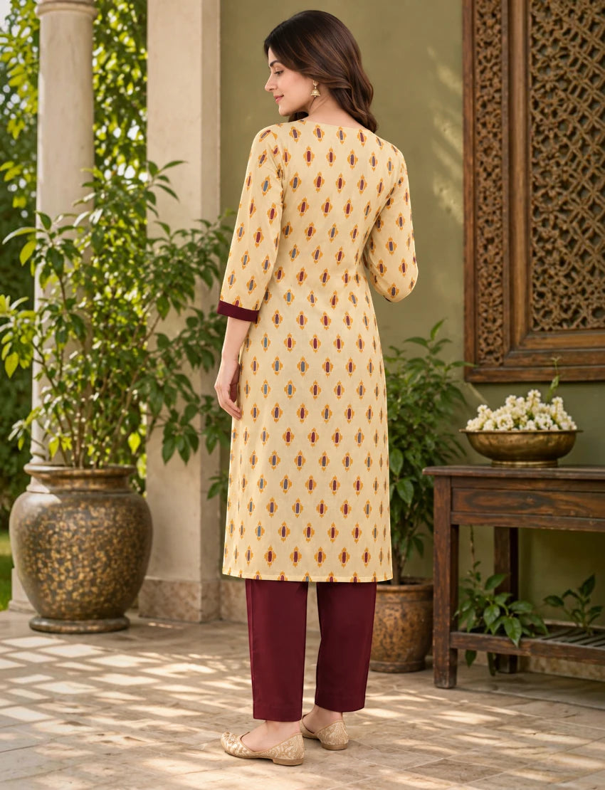 Cotton Kurta Set with Kota Doriya Dupatta Beige