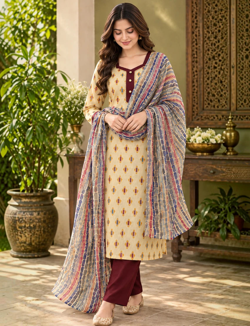 Cotton Kurta Set with Kota Doriya Dupatta Beige