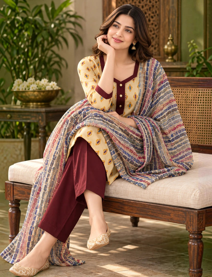 Cotton Kurta Set with Kota Doriya Dupatta Beige