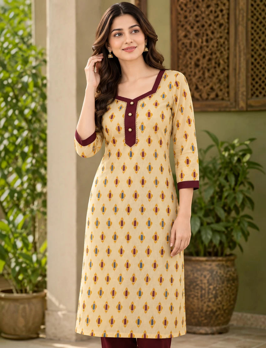 Cotton Kurta Set with Kota Doriya Dupatta Beige