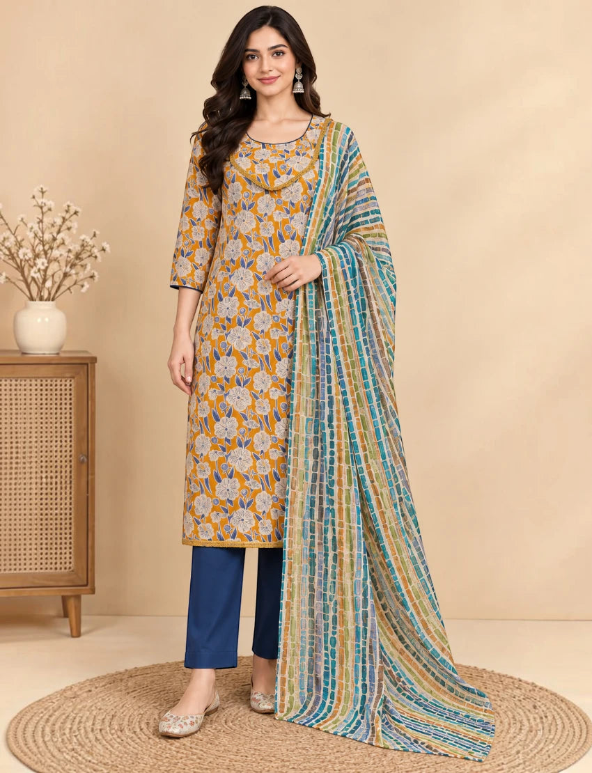 Cotton Kurta Set with Lace Work and Kota Doriya Dupatta