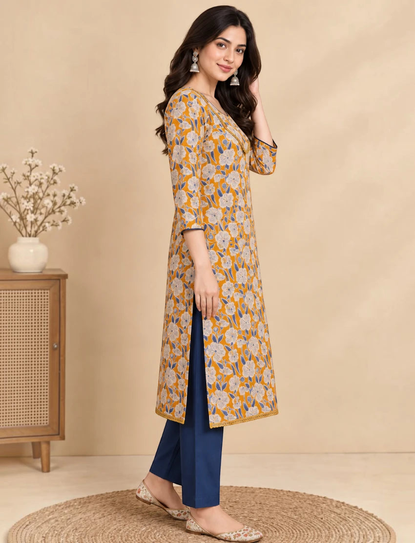 Cotton Kurta Set with Lace Work and Kota Doriya Dupatta