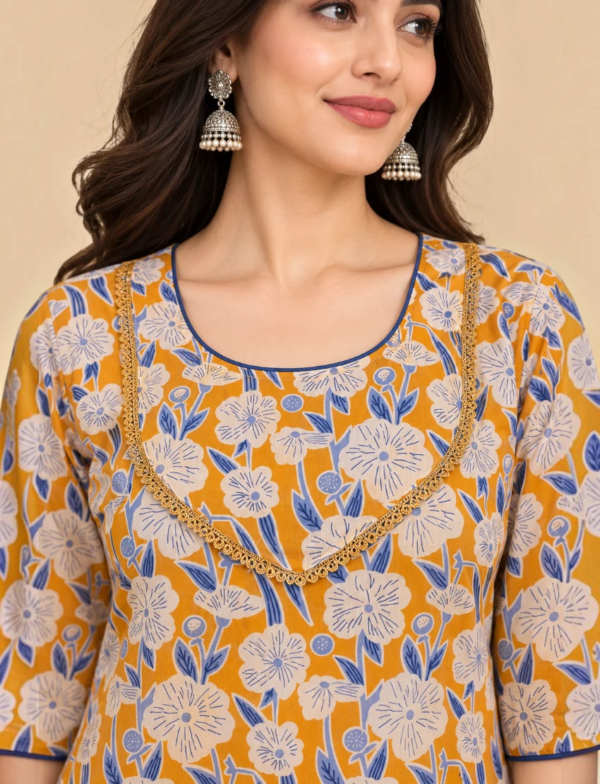 Cotton Kurta Set with Lace Work and Kota Doriya Dupatta