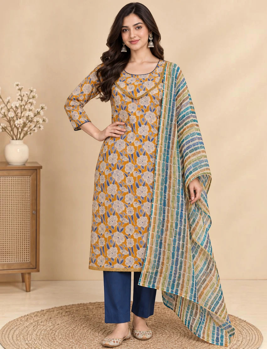 Cotton Kurta Set with Lace Work and Kota Doriya Dupatta