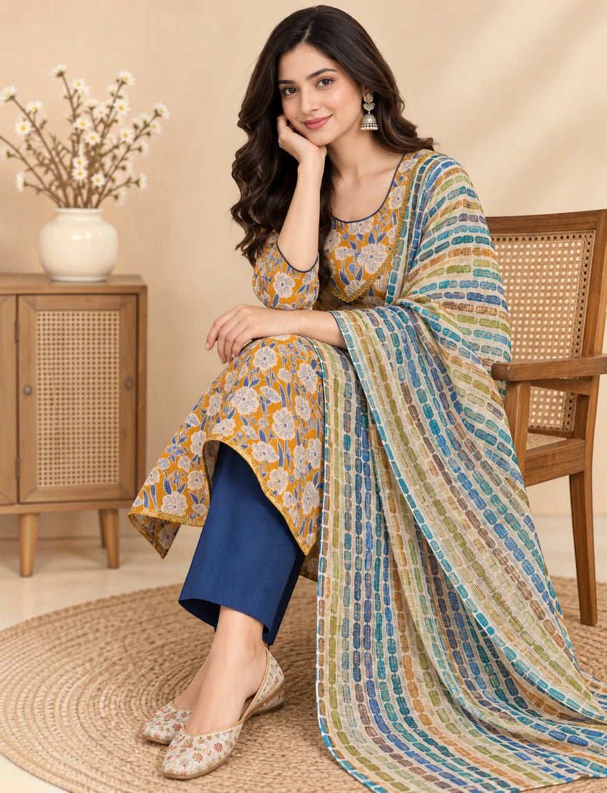 Cotton Kurta Set with Lace Work and Kota Doriya Dupatta