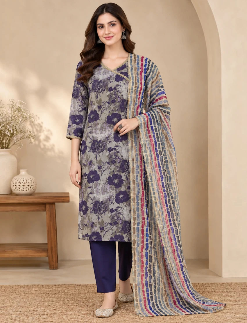 Cotton Printed Kurta Set with Kota Doriya Dupatta - Blue