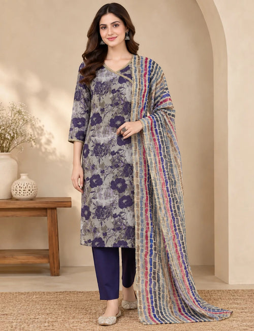 Cotton Printed Kurta Set with Kota Doriya Dupatta - Blue