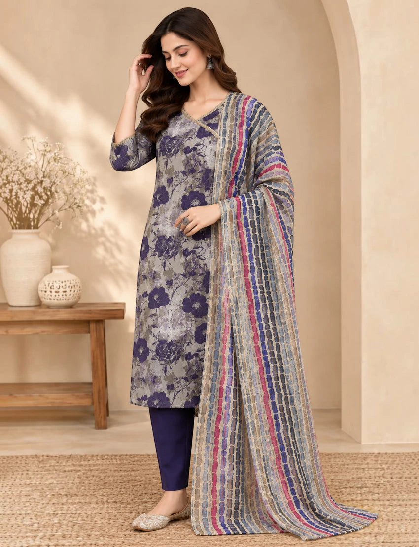 Cotton Printed Kurta Set with Kota Doriya Dupatta - Blue