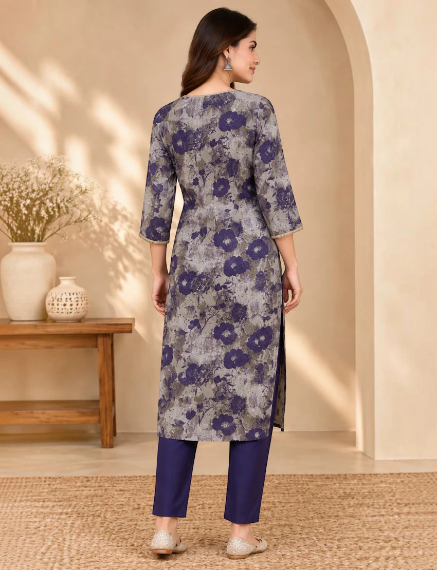 Cotton Printed Kurta Set with Kota Doriya Dupatta - Blue