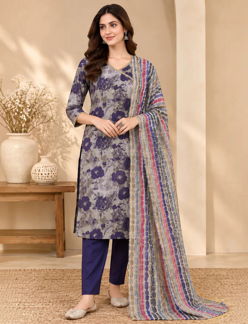 Cotton Printed Kurta Set with Kota Doriya Dupatta - Blue