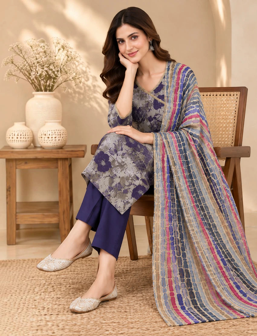 Cotton Printed Kurta Set with Kota Doriya Dupatta - Blue