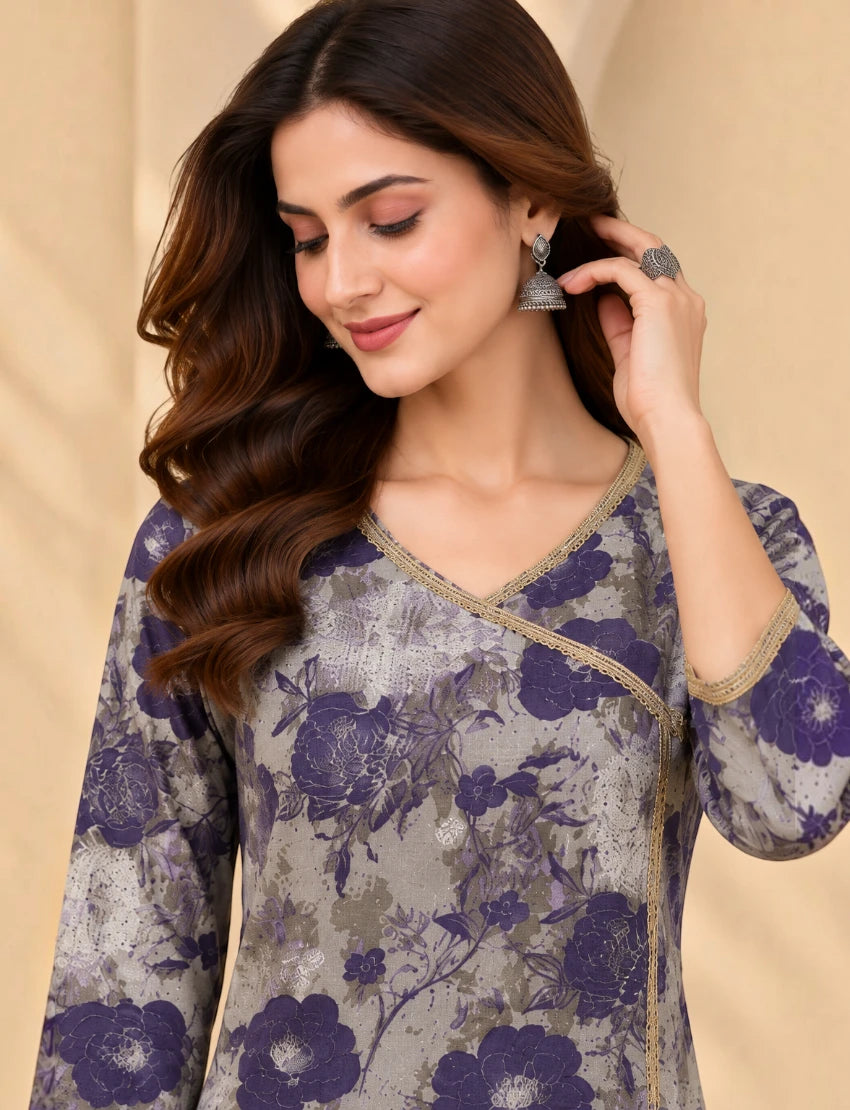 Cotton Printed Kurta Set with Kota Doriya Dupatta - Blue