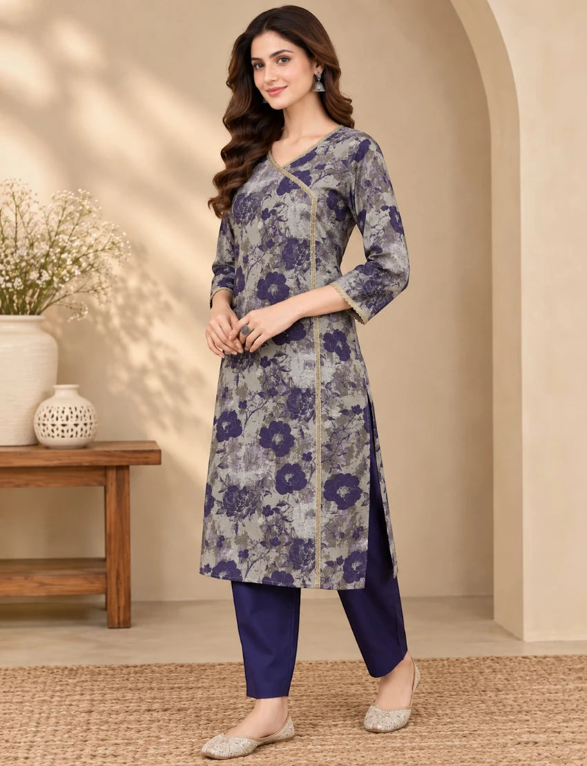 Cotton Printed Kurta Set with Kota Doriya Dupatta - Blue