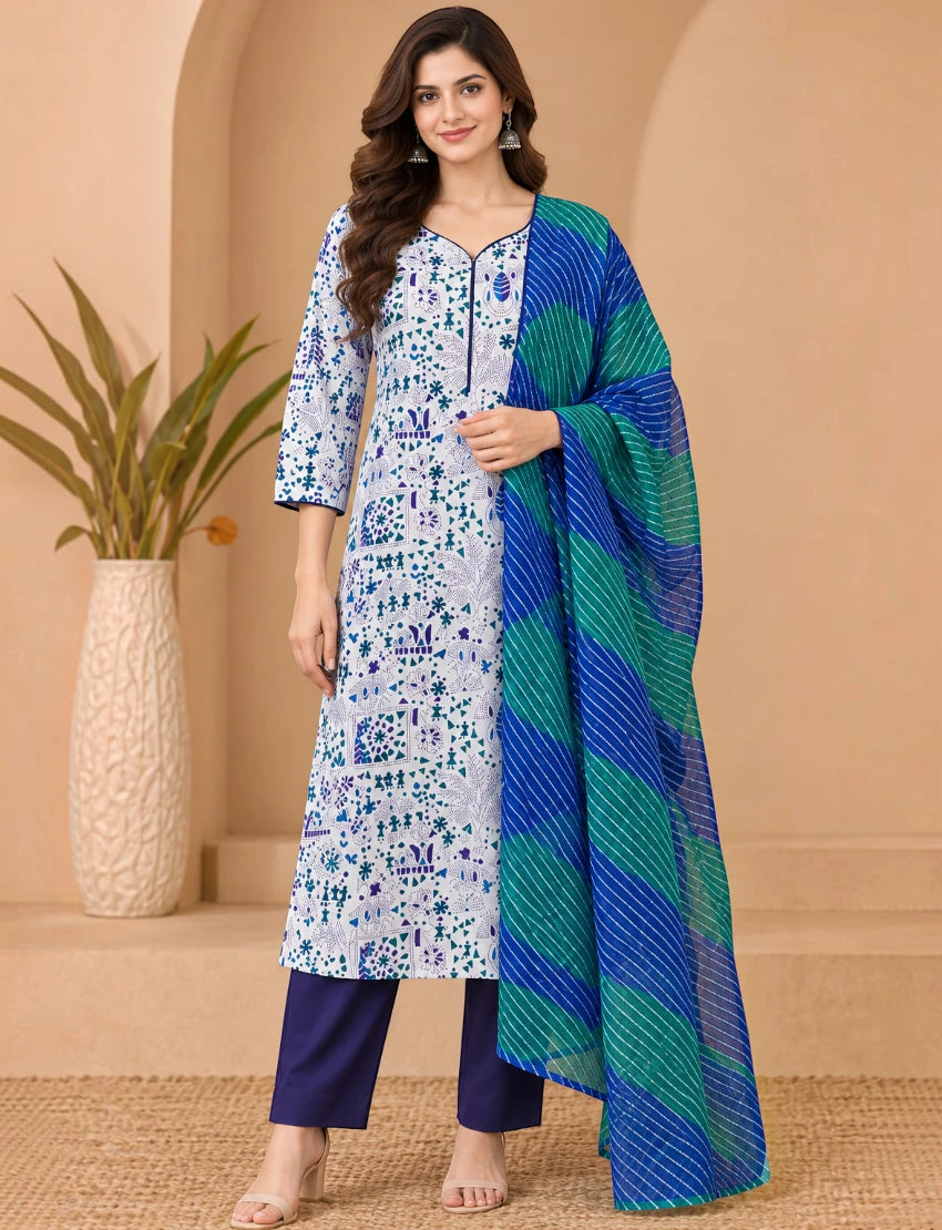 White Cotton Kurta Set with Kota Doriya Dupatta