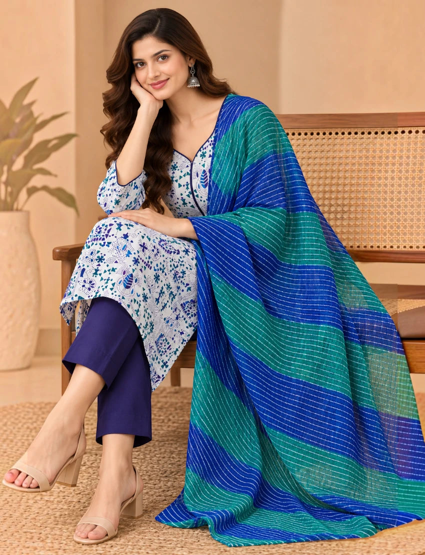 White Cotton Kurta Set with Kota Doriya Dupatta