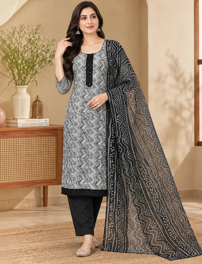 Leheriya Cotton Salwar Suit Set - White/Black Ethnic Wear