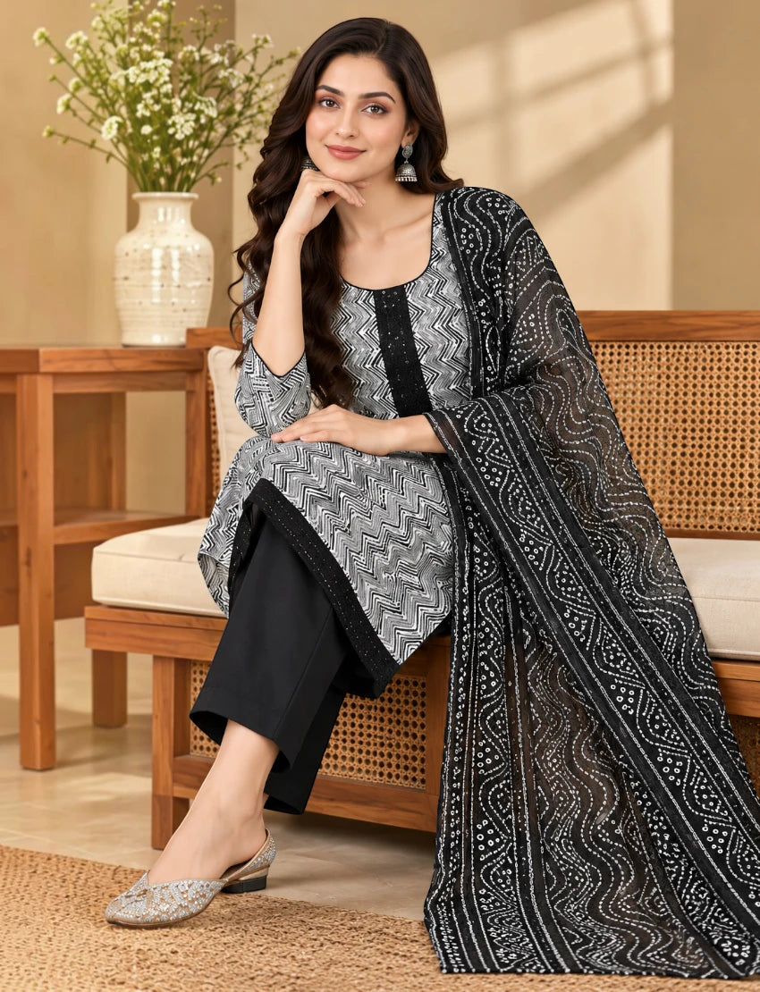 Leheriya Cotton Salwar Suit Set - White/Black Ethnic Wear