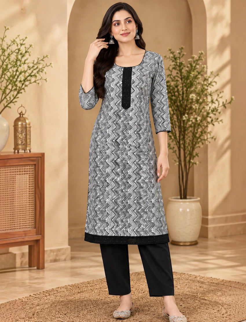 Leheriya Cotton Salwar Suit Set - White/Black Ethnic Wear