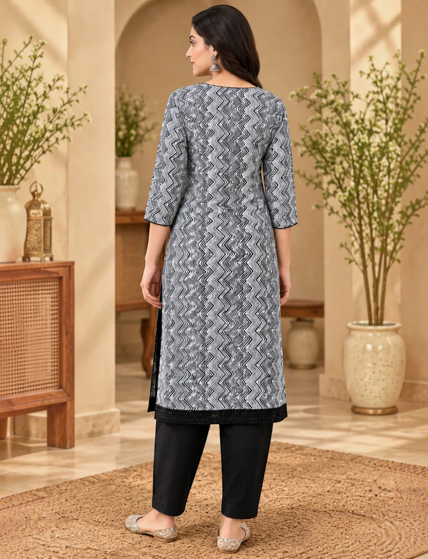 Leheriya Cotton Salwar Suit Set - White/Black Ethnic Wear