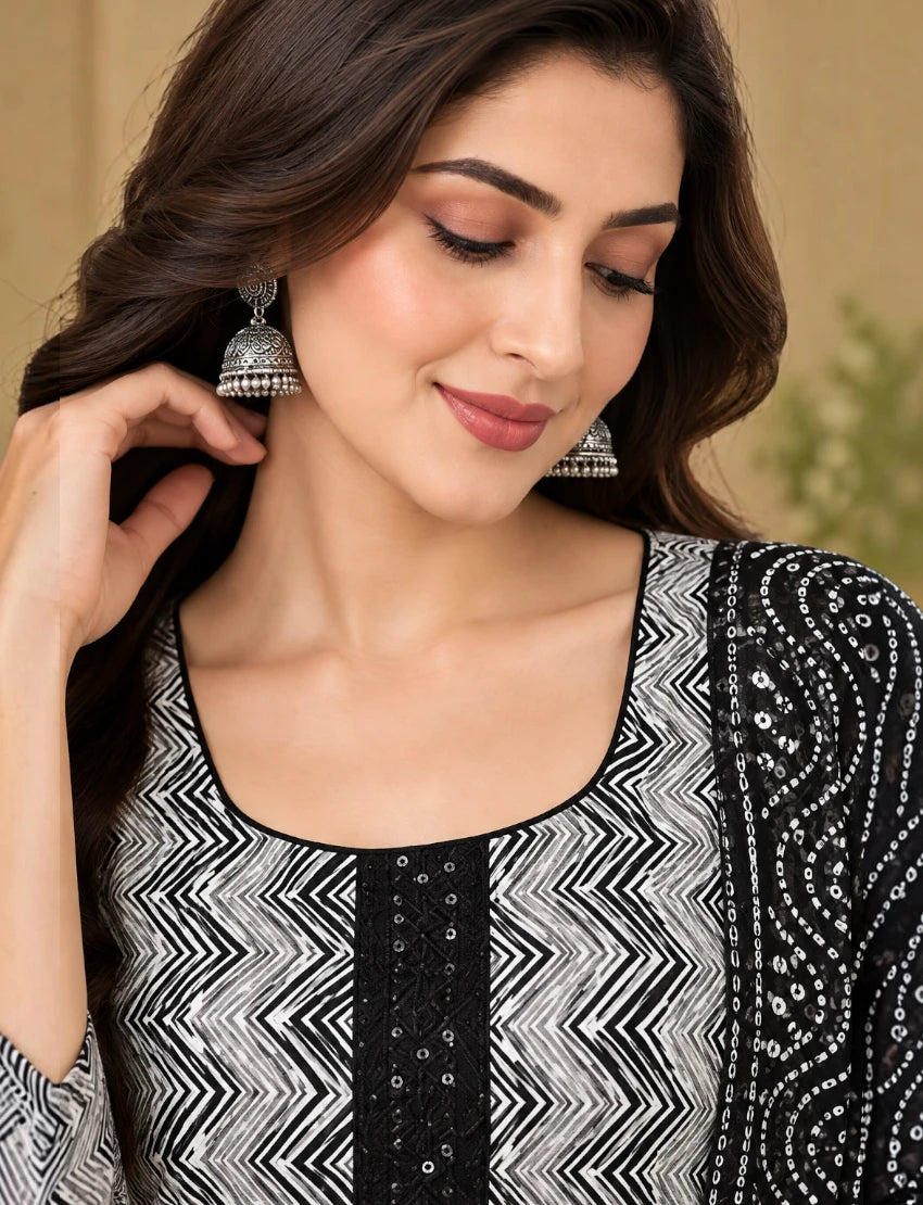 Leheriya Cotton Salwar Suit Set - White/Black Ethnic Wear