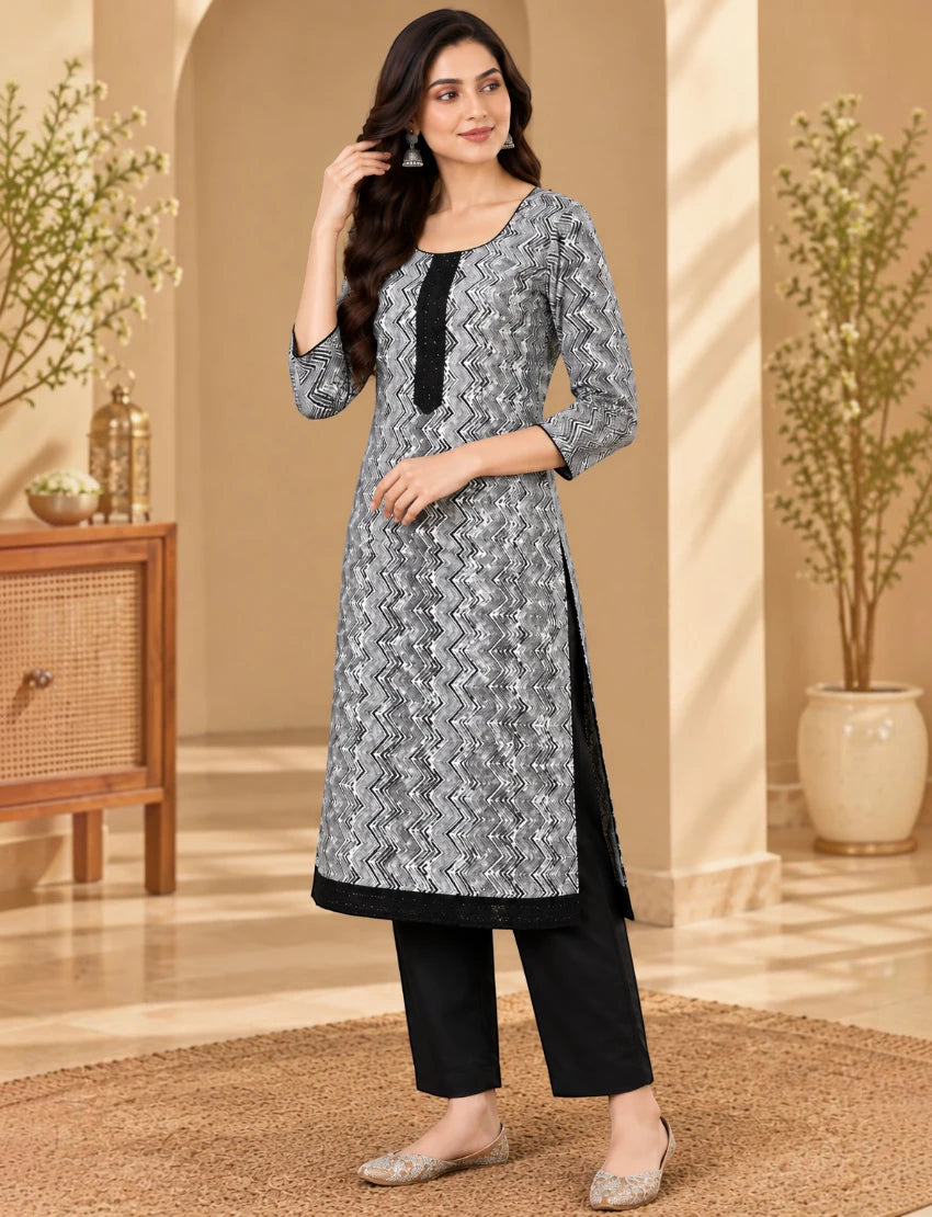 Leheriya Cotton Salwar Suit Set - White/Black Ethnic Wear