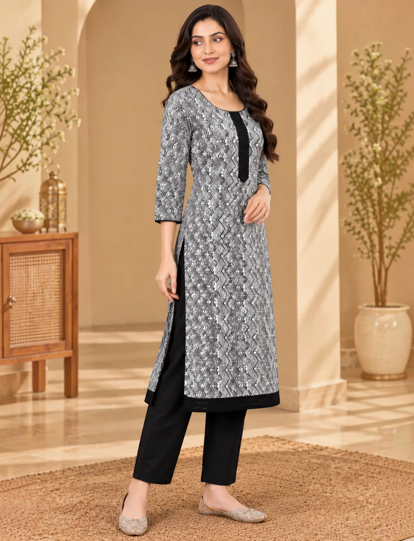 Leheriya Cotton Salwar Suit Set - White/Black Ethnic Wear