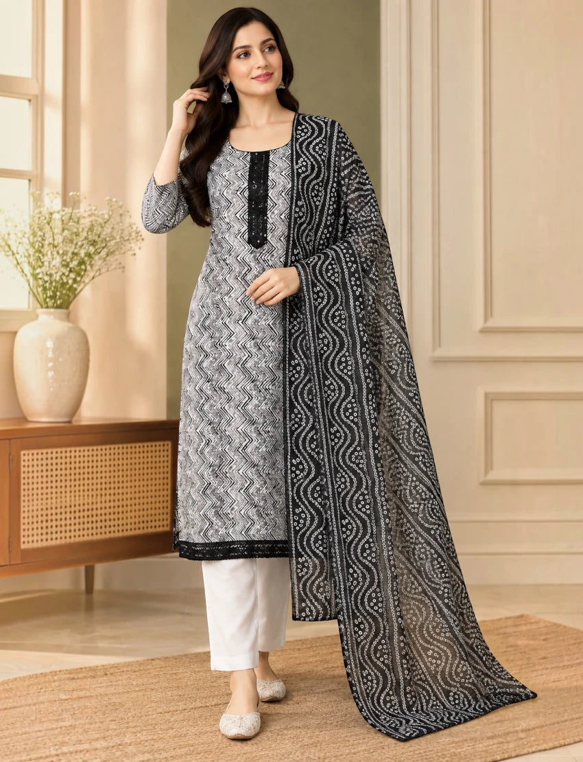 Leheriya Cotton Kurta Set with Kota Doriya Dupatta - White/Black