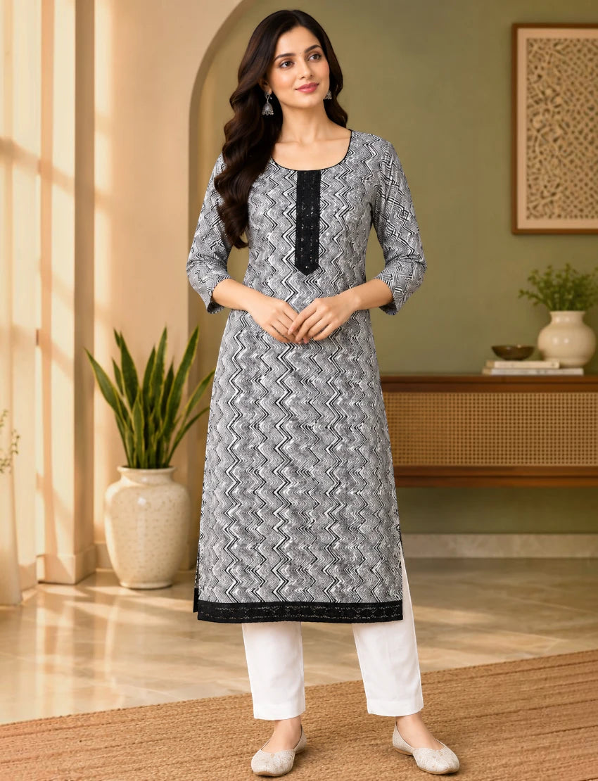 Leheriya Cotton Kurta Set with Kota Doriya Dupatta - White/Black