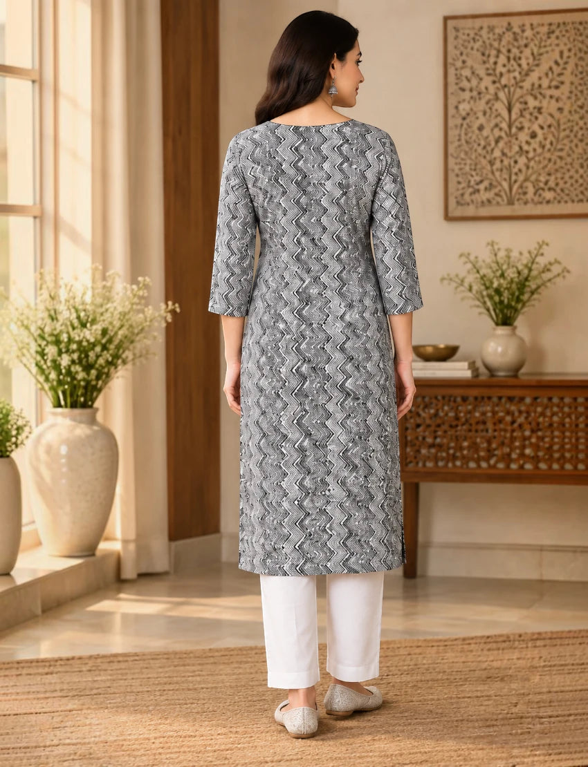 Leheriya Cotton Kurta Set with Kota Doriya Dupatta - White/Black