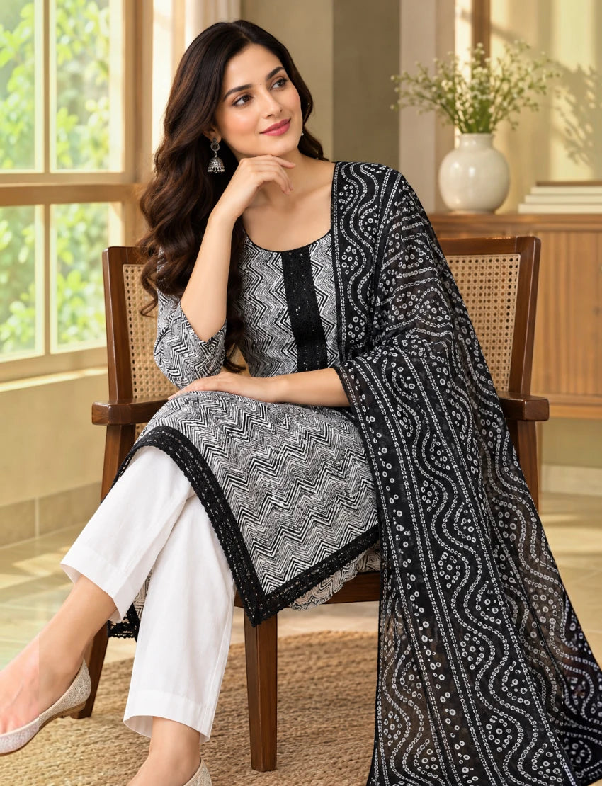 Leheriya Cotton Kurta Set with Kota Doriya Dupatta - White/Black