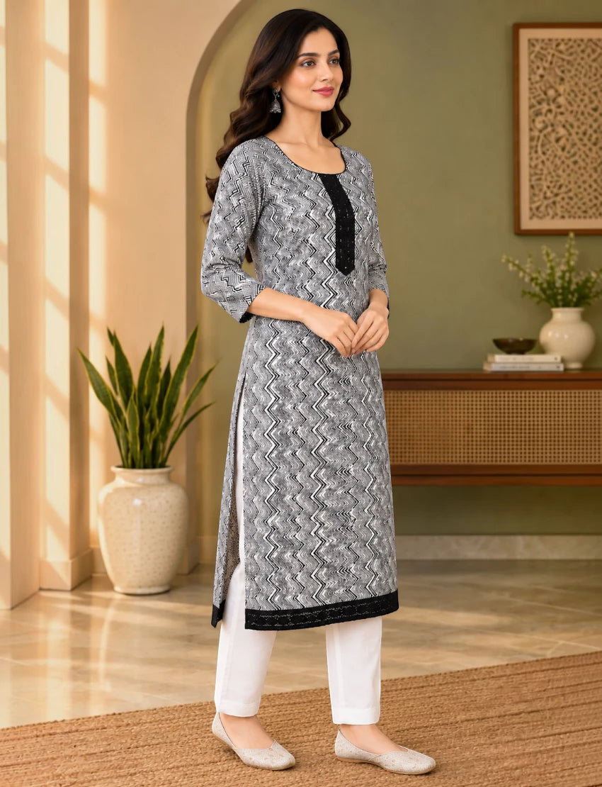 Leheriya Cotton Kurta Set with Kota Doriya Dupatta - White/Black