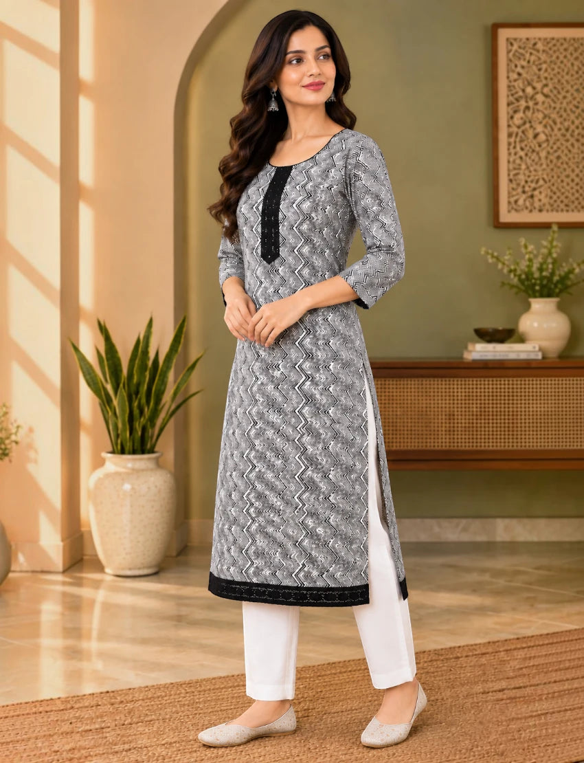 Leheriya Cotton Kurta Set with Kota Doriya Dupatta - White/Black