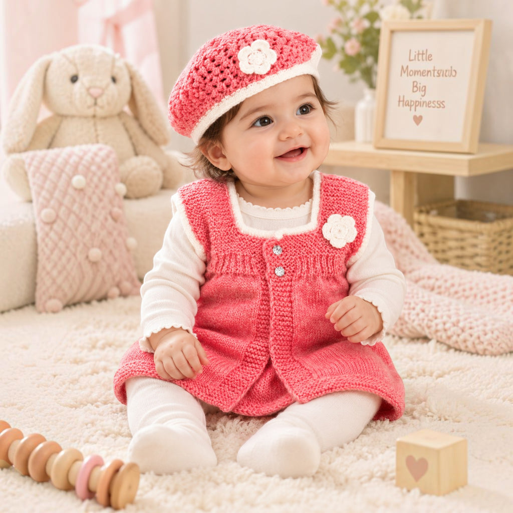 [6-12 Months] Handknitted Baby Sweater Set with Cap, Pink