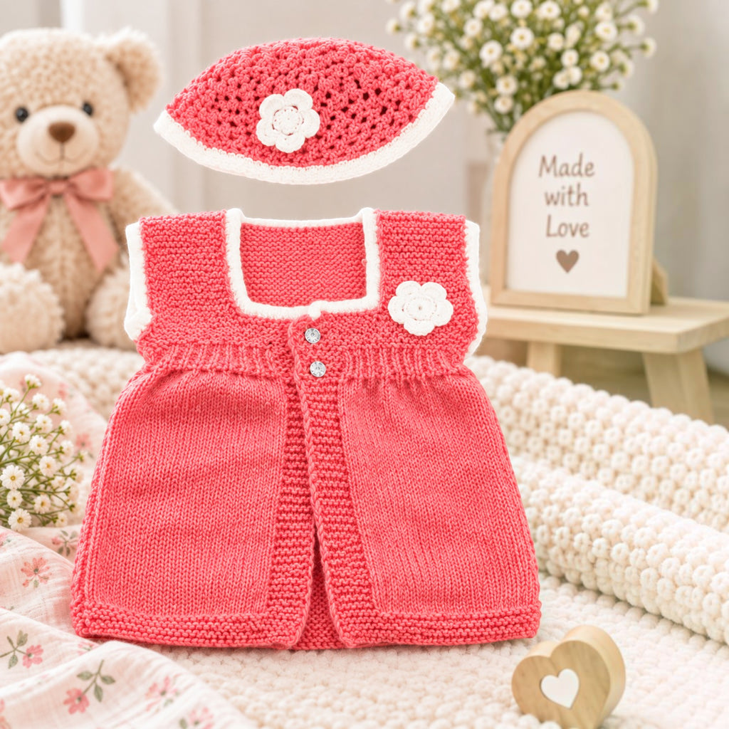 [6-12 Months] Handknitted Baby Sweater Set with Cap, Pink