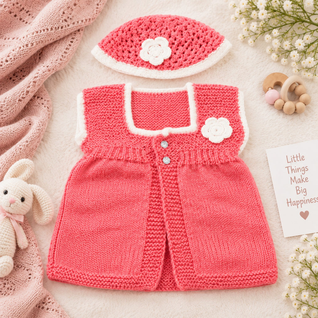 [6-12 Months] Handknitted Baby Sweater Set with Cap, Pink