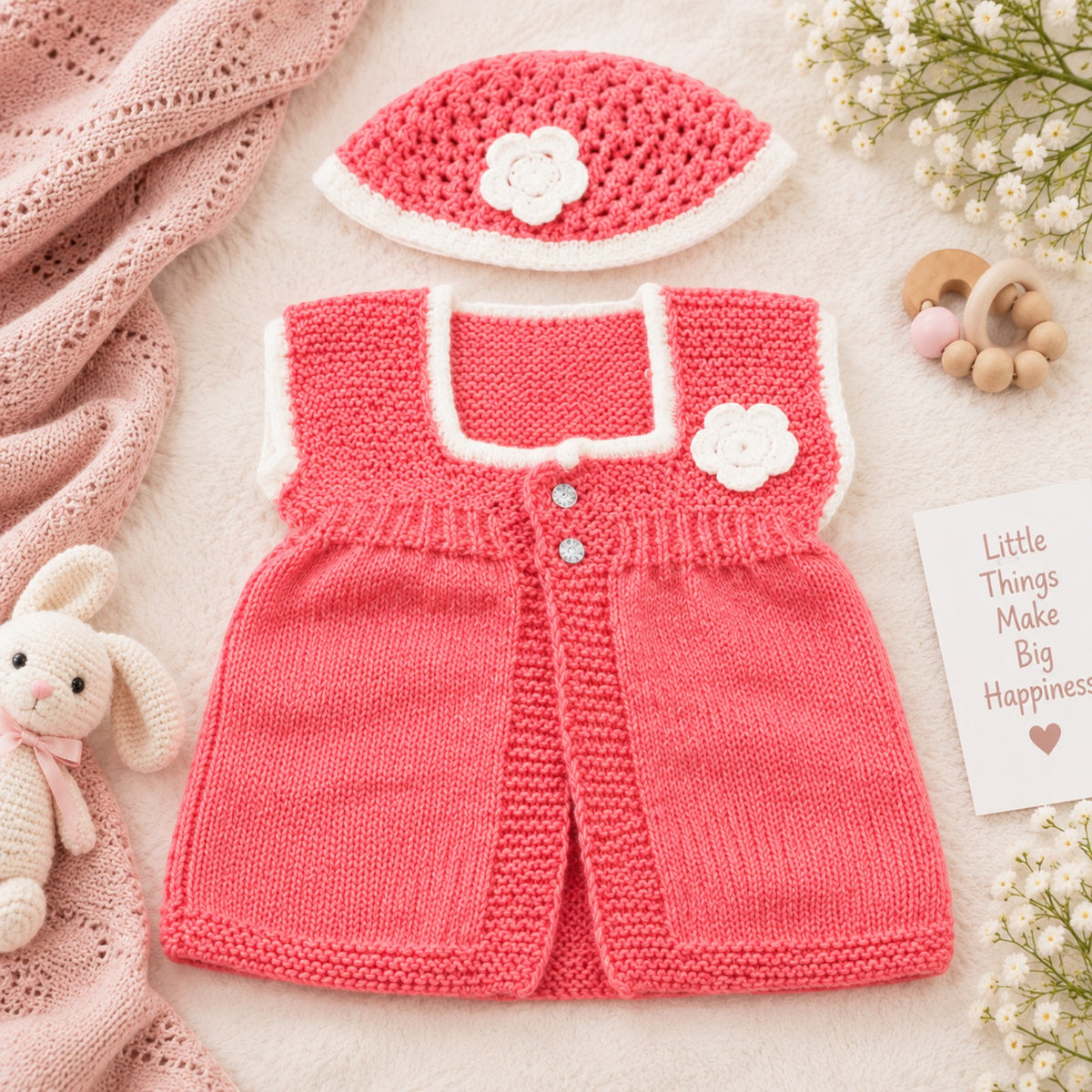 [6-12 Months] Handknitted Baby Sweater Set with Cap, Pink