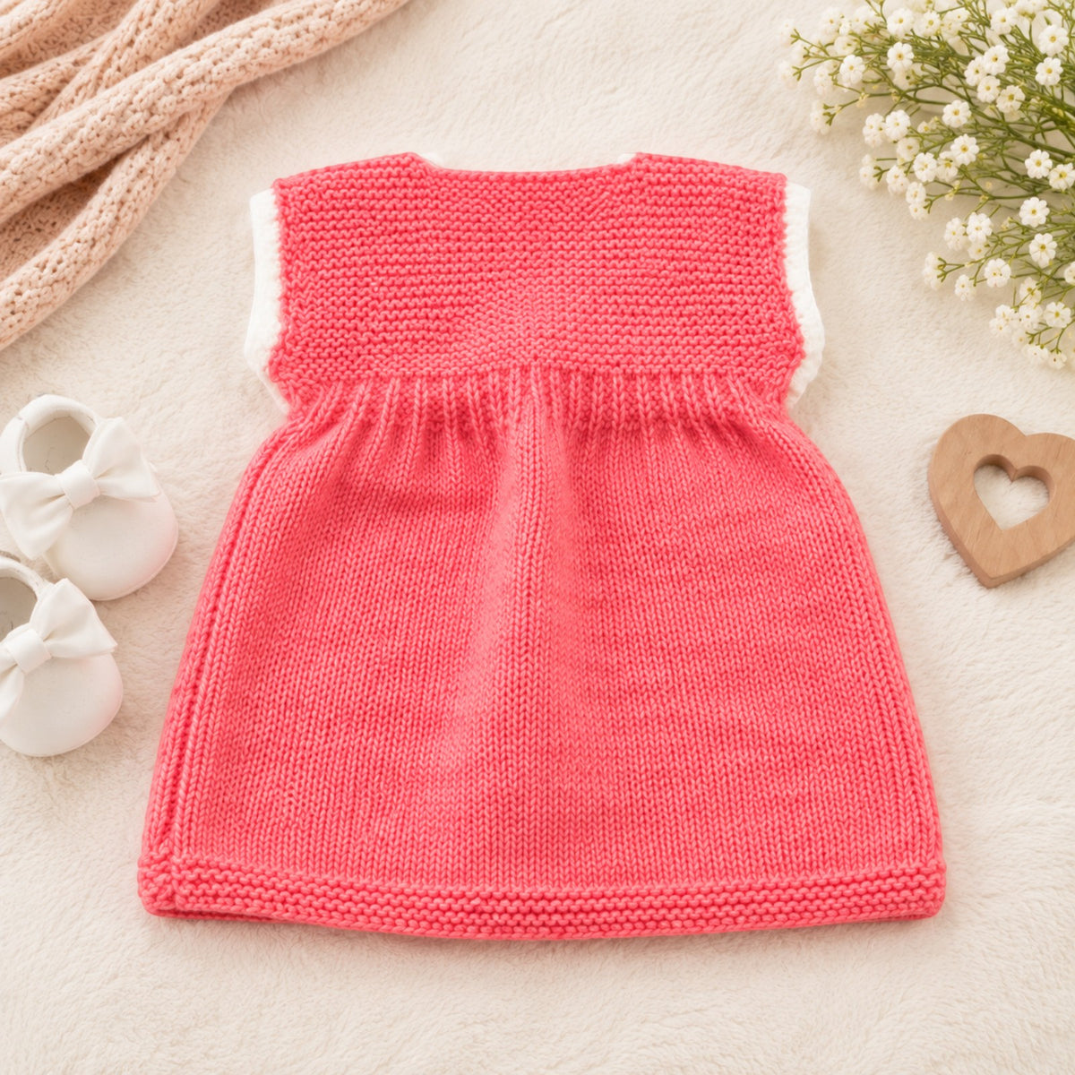 [6-12 Months] Handknitted Baby Sweater Set with Cap, Pink
