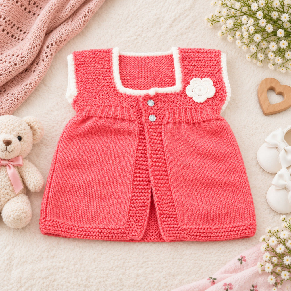 [6-12 Months] Handknitted Baby Sweater Set with Cap, Pink