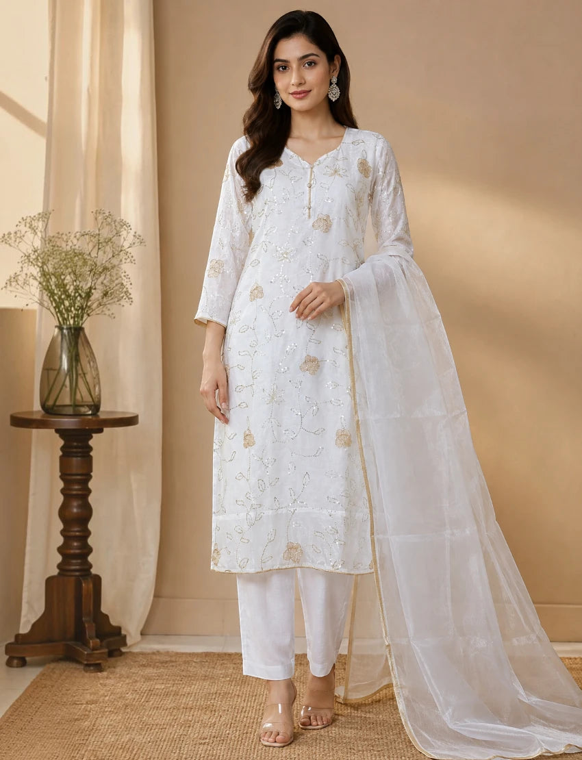 White Floral Embroidered Kurta Set