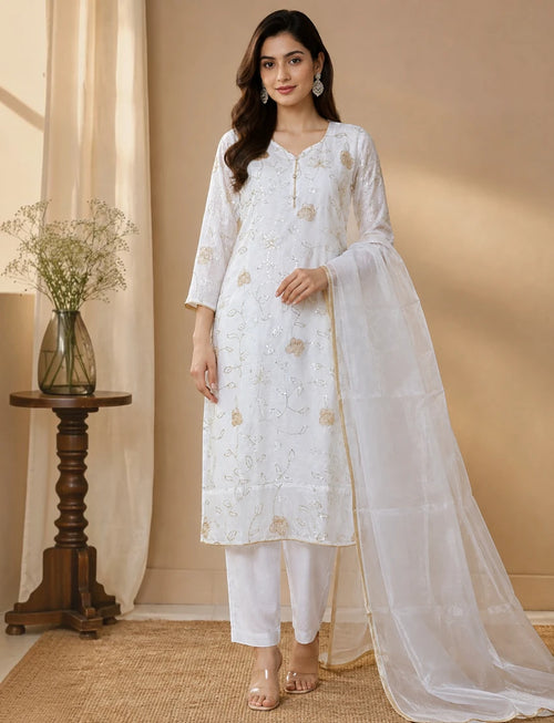 White Floral Embroidered Kurta Set