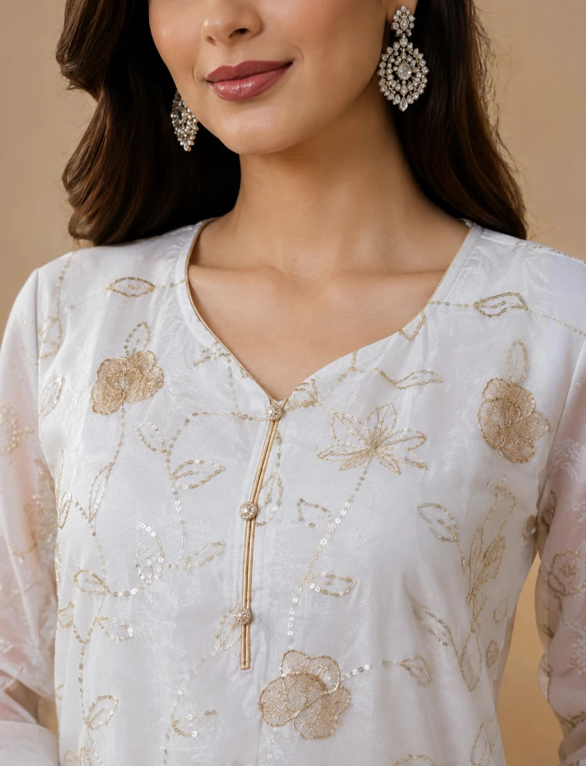White Floral Embroidered Kurta Set