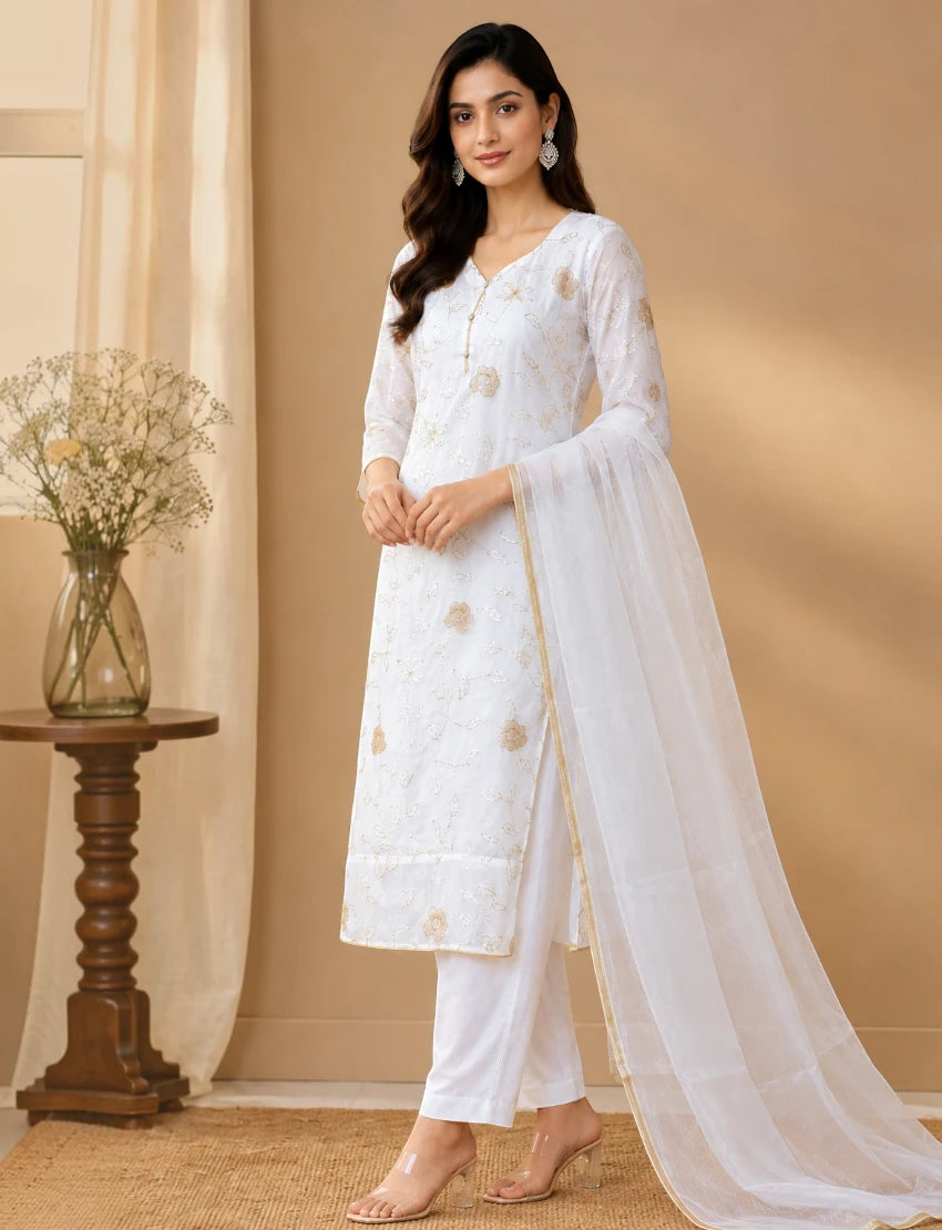 White Floral Embroidered Kurta Set